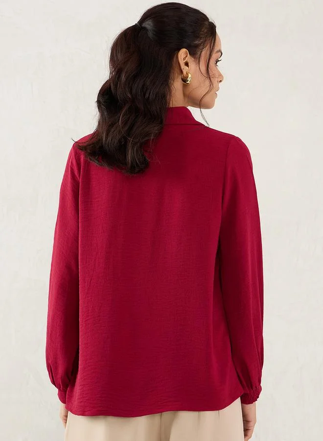 Femmella Maroon Collared Top with 3/4 Sleeves